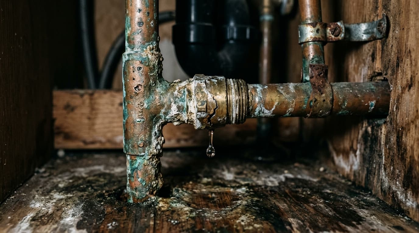 Before: Corroded leaking copper pipe